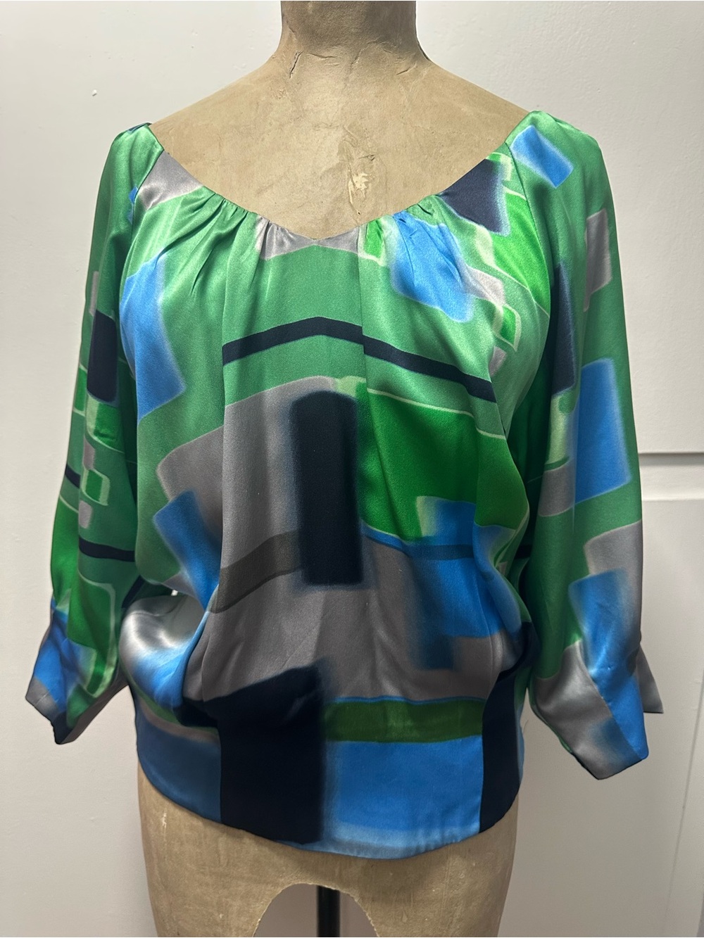Madison Marcus Green and Blue Geometric Satin Blouse